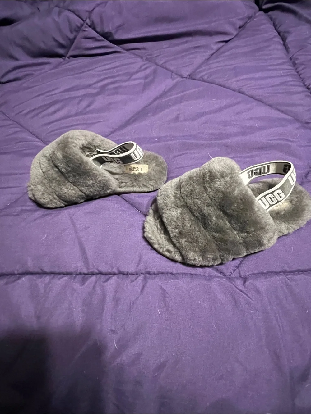 Girls UGG Gray Faux Fur Slide with Logo Strap